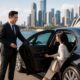Luxury chauffeur with Chinese Mandarin speaking passenger beside premium black sedan in Sydney