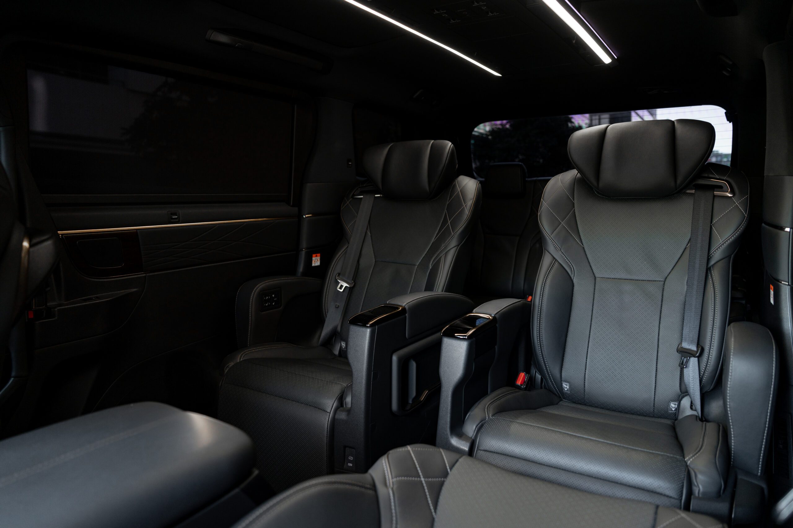 Luxury Toyota Alphard interior with premium leather captain seats for chauffeur service, airport transfers, executive travel and family transport in Sydney.