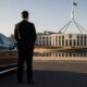 Professional chauffeur with luxury sedan during a Sydney to Canberra private transfer near Parliament House.