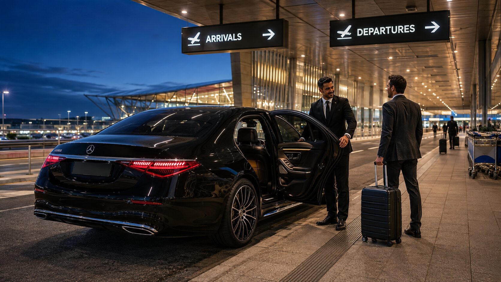 LuxCar chauffeur greeting a traveller beside a black Mercedes-Benz S-Class W223 at an Australian airport terminal.
