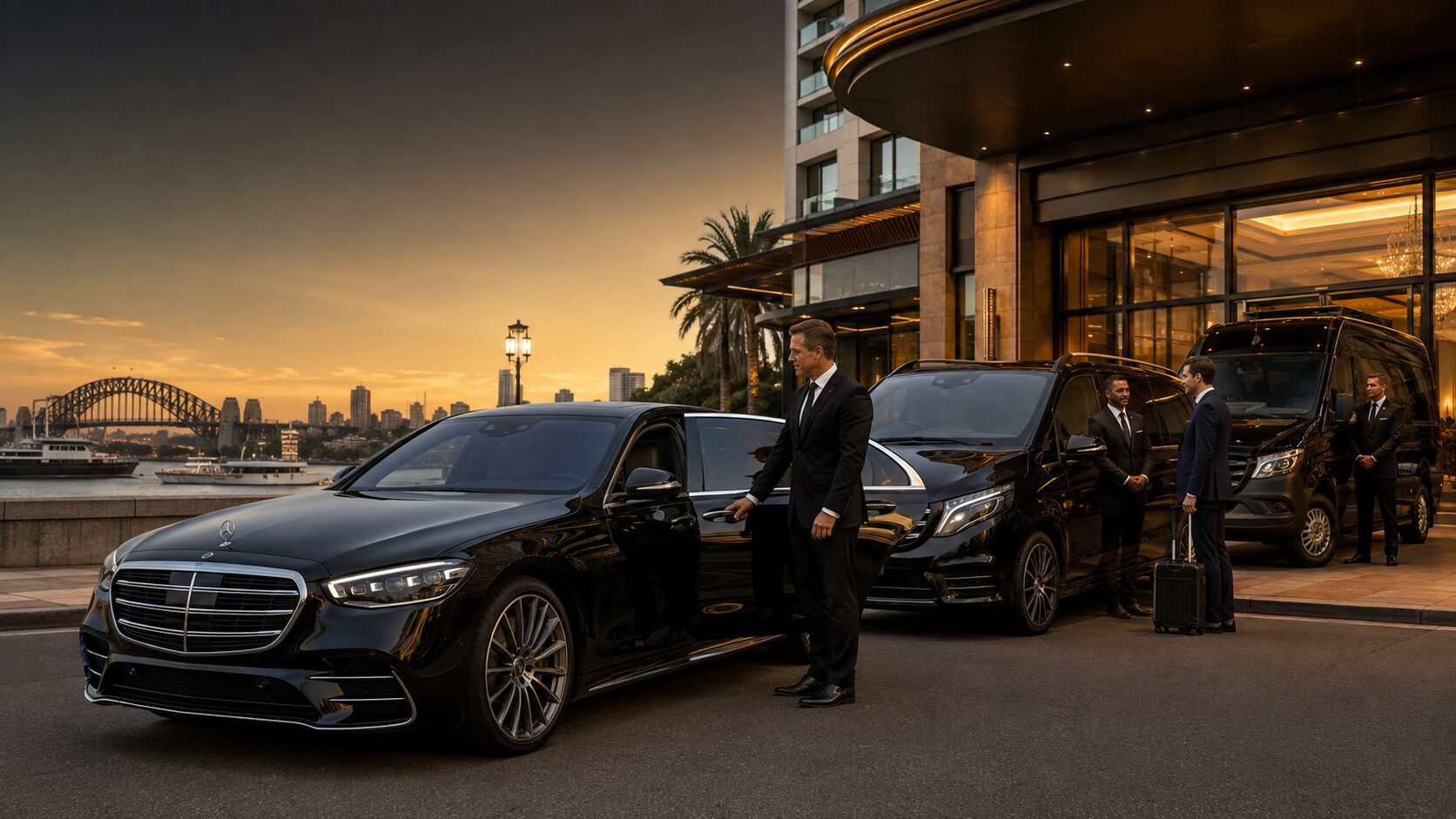 LuxCar chauffeurs with a black Mercedes S-Class, V-Class and Sprinter outside a luxury Sydney hotel.