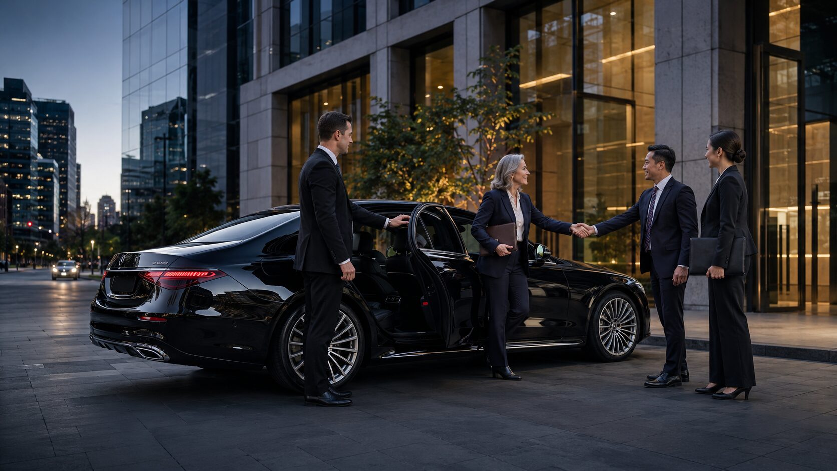 Corporate executive arriving for a business meeting in a black Mercedes-Benz S-Class with a LuxCar chauffeur.