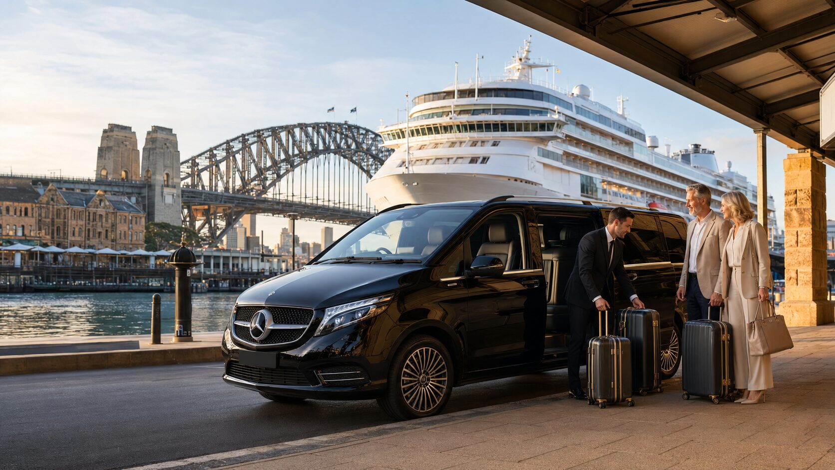 LuxCar chauffeur assisting passengers beside a black Mercedes V-Class at Sydney’s Overseas Passenger Terminal.