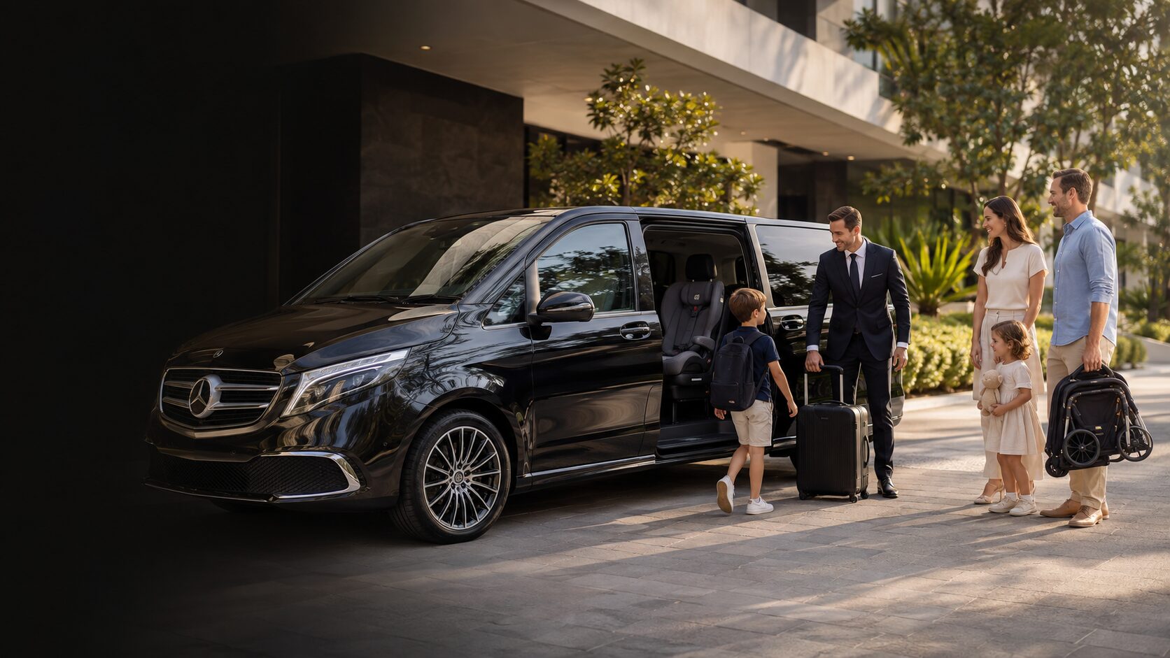 Family boarding a black Mercedes-Benz V-Class with a child seat, luggage and professional LuxCar chauffeur.
