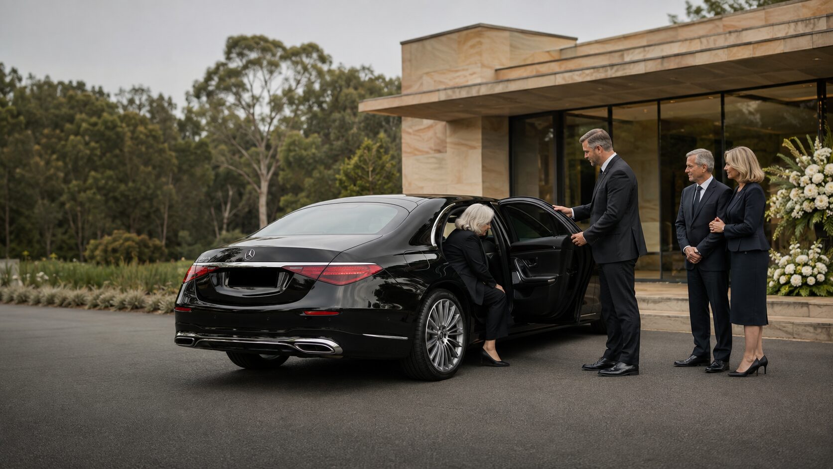 LuxCar chauffeur respectfully assisting a passenger from a black Mercedes-Benz S-Class at a memorial venue.