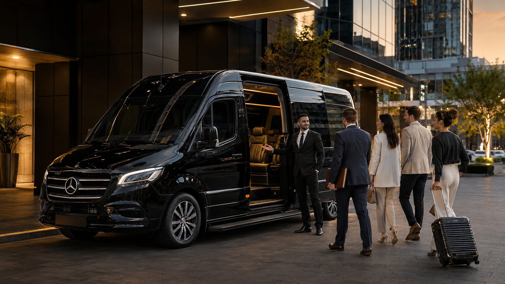 LuxCar chauffeur welcoming passengers into a black Mercedes-Benz Sprinter for flexible hourly travel.