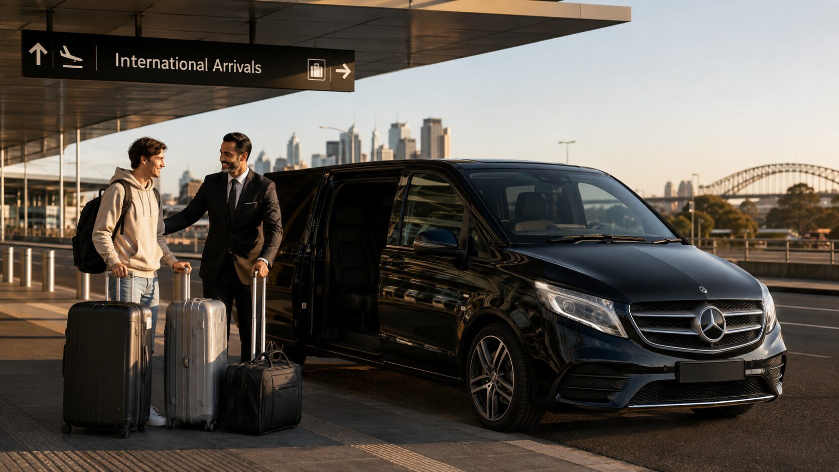 LuxCar chauffeur welcoming an international student with luggage beside a black Mercedes-Benz V-Class at Sydney Airport.
