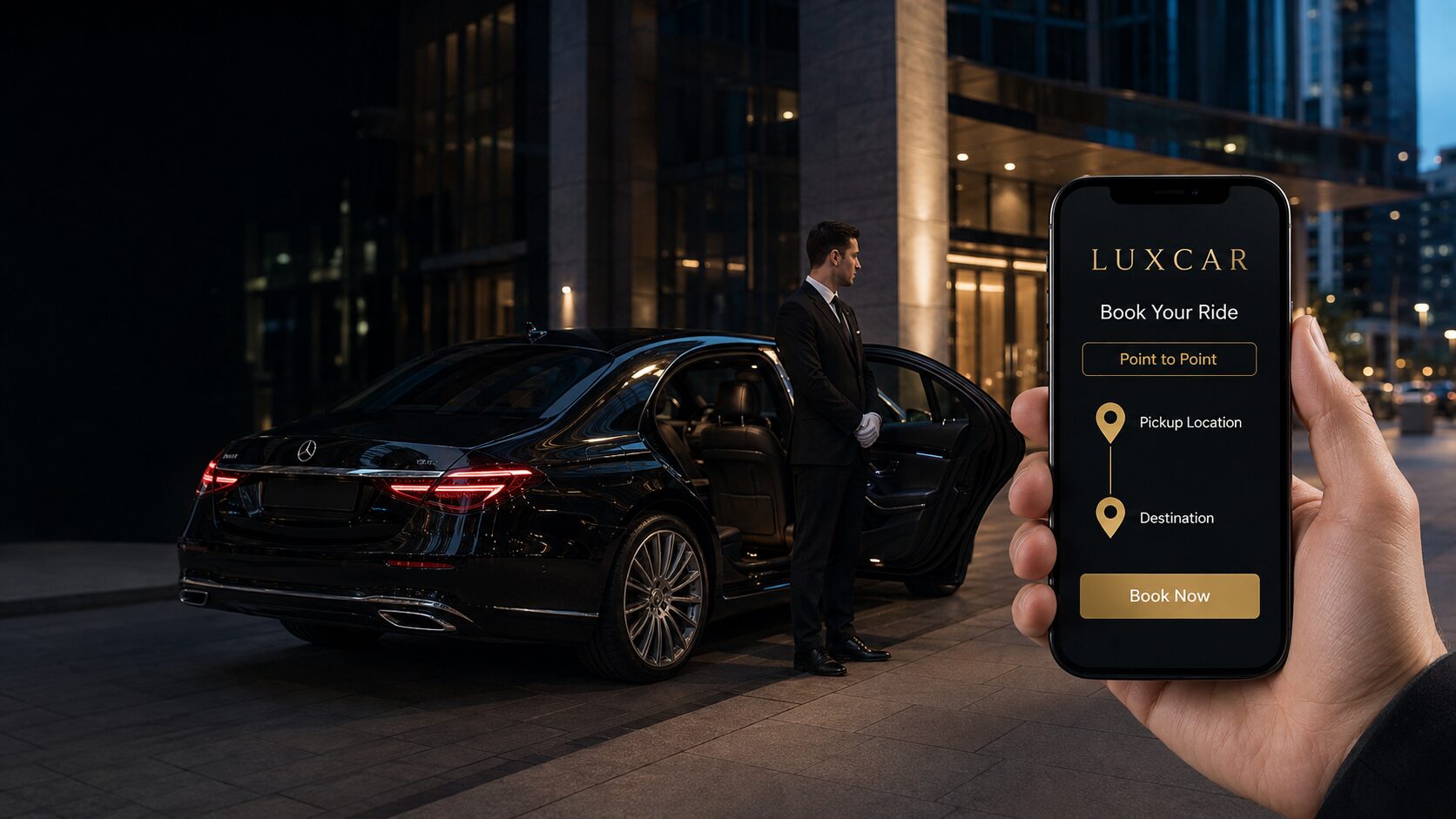 LuxCar app booking a point-to-point chauffeur service beside a black Mercedes-Benz S-Class and professional chauffeur.