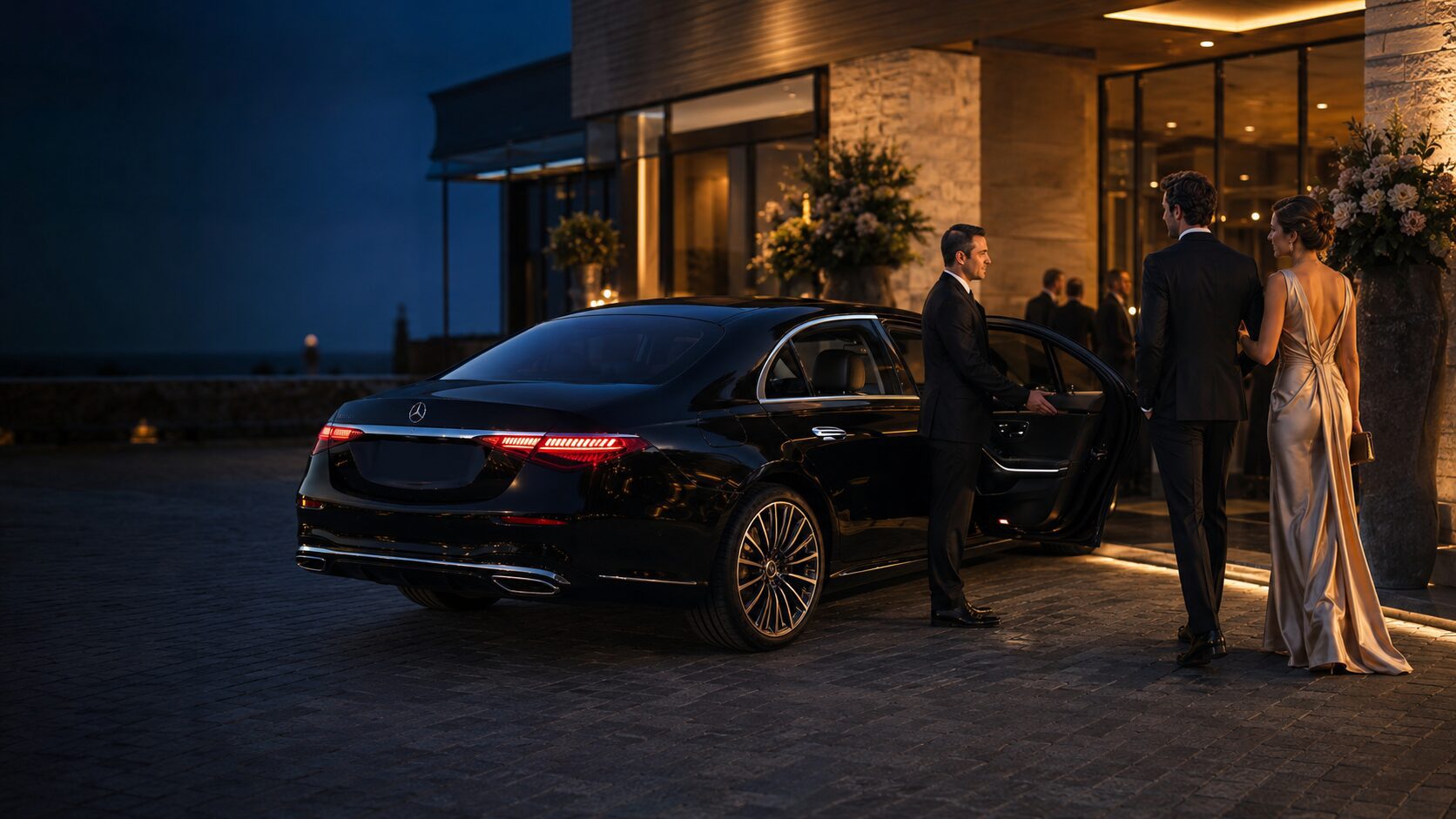 Elegantly dressed couple arriving at a luxury venue in a black Mercedes-Benz S-Class with a LuxCar chauffeur.