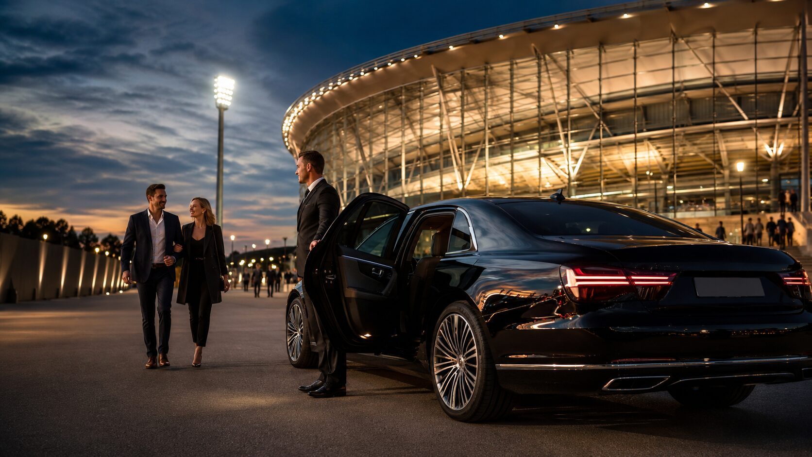 Black luxury chauffeur car arriving outside a stadium for a LuxCar sporting event transfer.