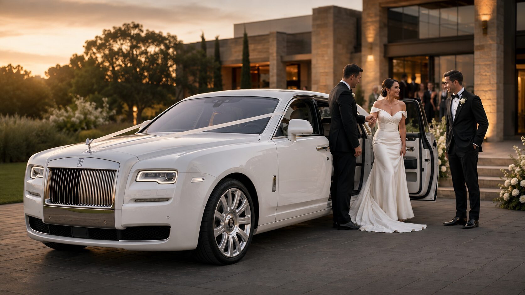 Bride and groom arriving at their wedding venue in a white Rolls-Royce Ghost with a professional LuxCar chauffeur.